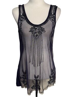 VTG Vanity Navy Blue Sequin Mesh Tank Top Art Deco Beaded Sheer Flapper Y2K M